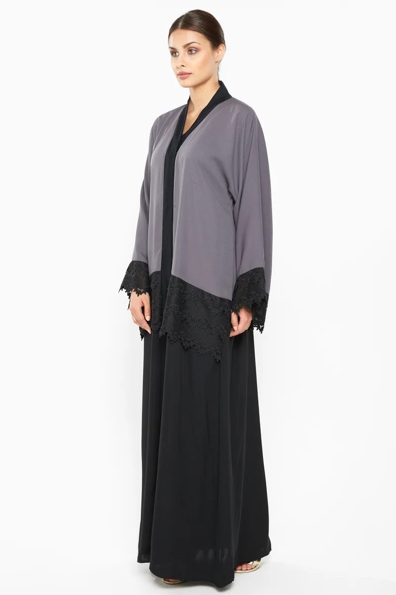 النخبة A trendy duo-colored abaya with black stripe lace detailing-AJ665A