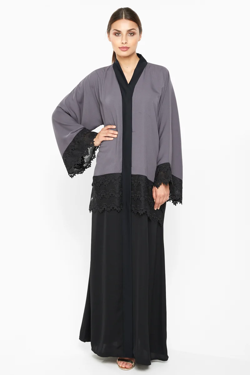 النخبة A trendy duo-colored abaya with black stripe lace detailing-AJ665A