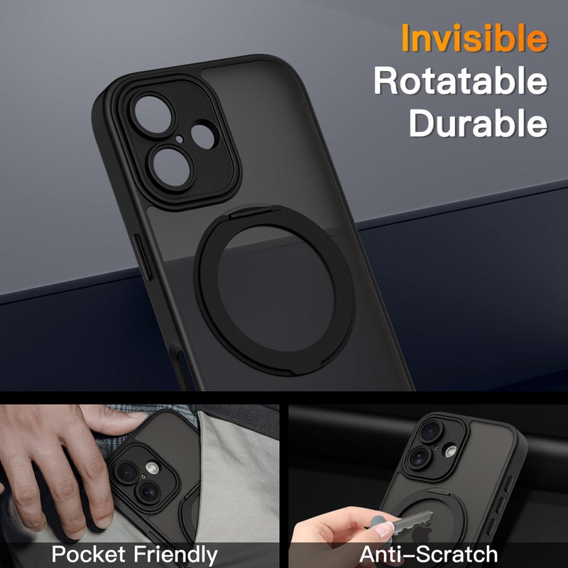 COOLQO for iPhone 16 Plus Case, Compatible with MagSafe, Translucent Matte, 360Â° Ring Holder Stand, Black - Image 4