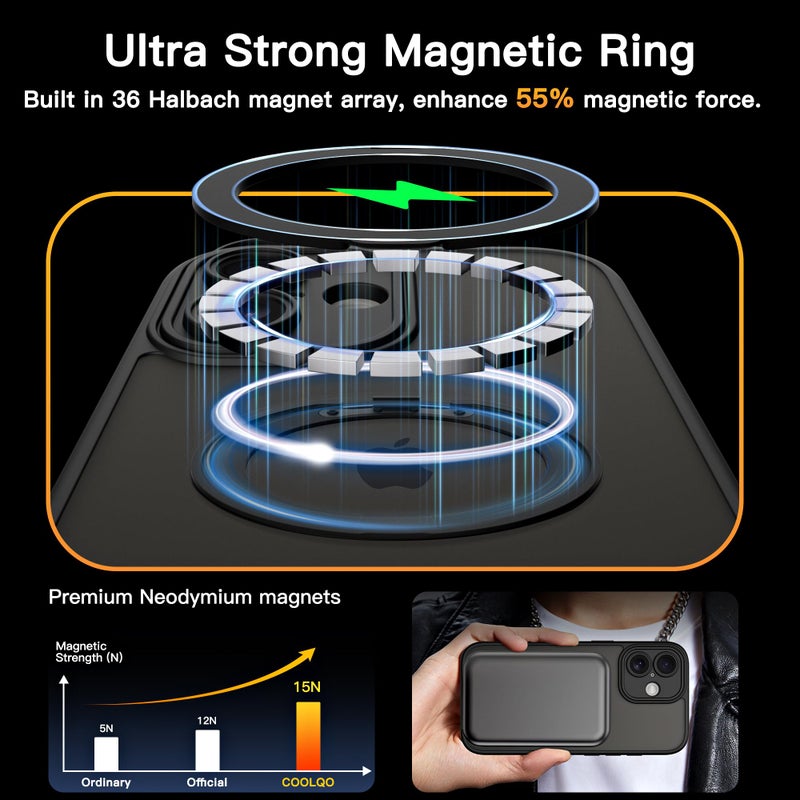 COOLQO for iPhone 16 Plus Case, Compatible with MagSafe, Translucent Matte, 360Â° Ring Holder Stand, Black - Image 5