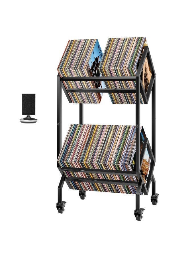 Vinyl record storage rack,movable, holds up to 160-200 records, metal, 2 levels, with wheels, modern shelf for storing office media equipment, black - Image 1