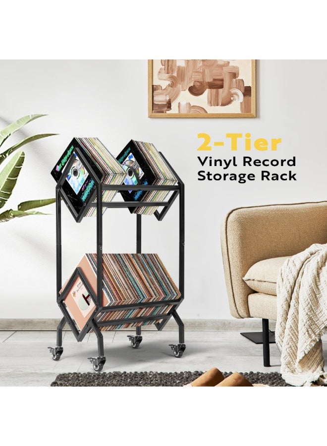Vinyl record storage rack,movable, holds up to 160-200 records, metal, 2 levels, with wheels, modern shelf for storing office media equipment, black - Image 4