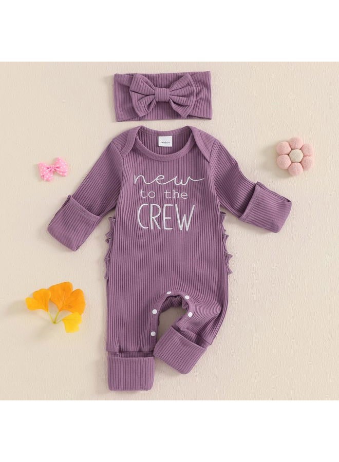 allshope Infant Baby Girl Fall Outfit Sweatshirt Romper Little Sister Lil Sis Long Sleeve Jumpsuit Onesie Newborn Clothes, New to the Crew Purple, 3-6 Months - Image 2