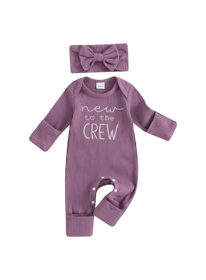 allshope Infant Baby Girl Fall Outfit Sweatshirt Romper Little Sister Lil Sis Long Sleeve Jumpsuit Onesie Newborn Clothes, New to the Crew Purple, 3-6 Months - Image 1