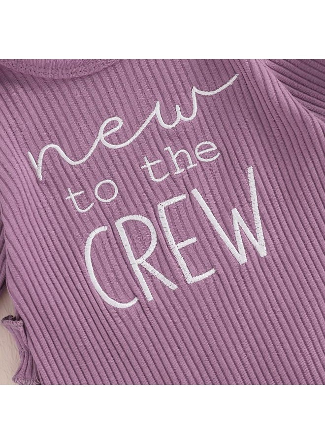 allshope Infant Baby Girl Fall Outfit Sweatshirt Romper Little Sister Lil Sis Long Sleeve Jumpsuit Onesie Newborn Clothes, New to the Crew Purple, 3-6 Months - Image 5