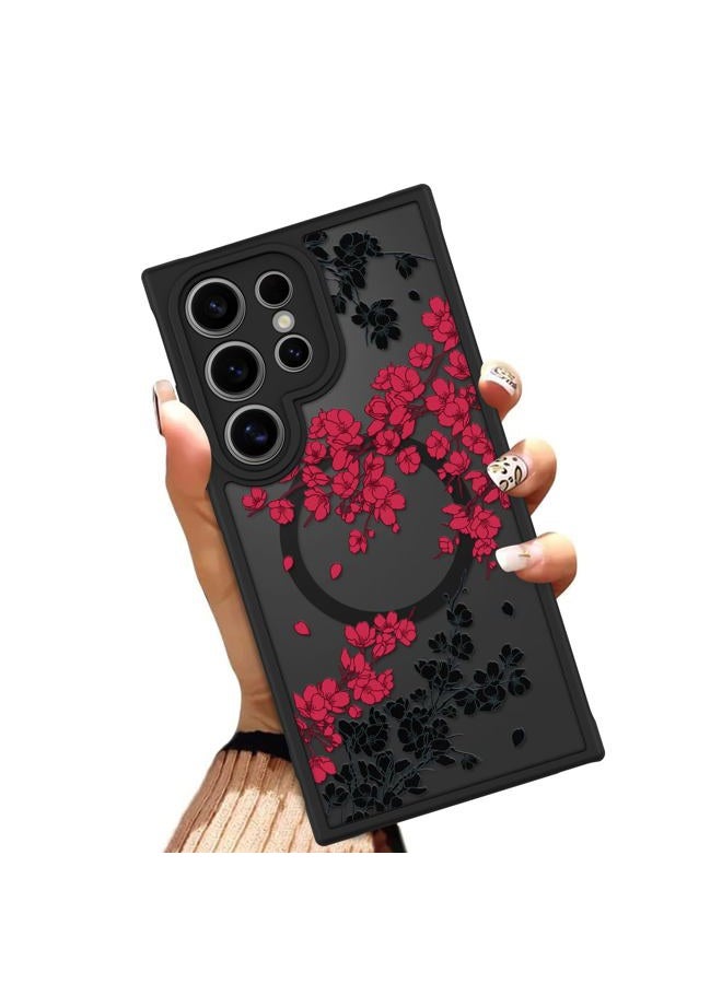 OOK Case Fit for Samsung Galaxy S24 Ultra 6.8 Inch (Wireless Charging Compatible) Red Floral Flowers Design Translucent Phone Cover Soft TPU + Hard PC Anti-Scratch Shockproof Magnetic Case for Women - Image 1