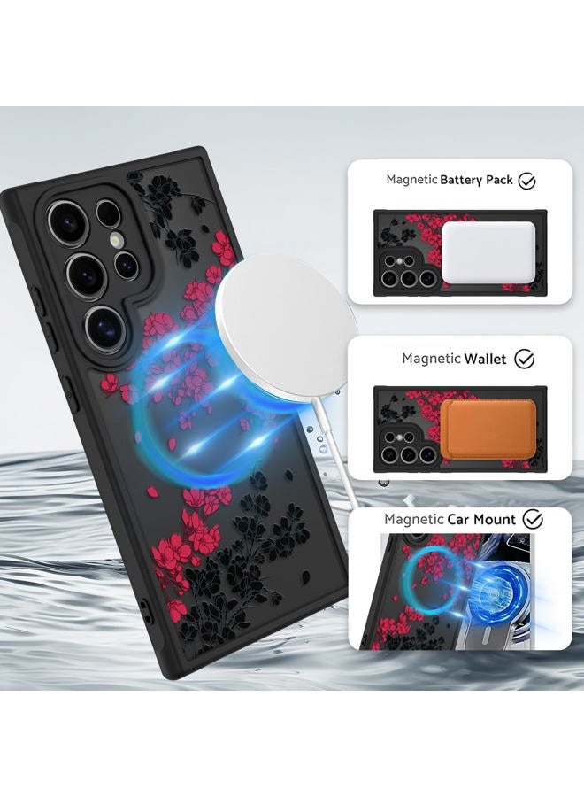 OOK Case Fit for Samsung Galaxy S24 Ultra 6.8 Inch (Wireless Charging Compatible) Red Floral Flowers Design Translucent Phone Cover Soft TPU + Hard PC Anti-Scratch Shockproof Magnetic Case for Women - Image 2