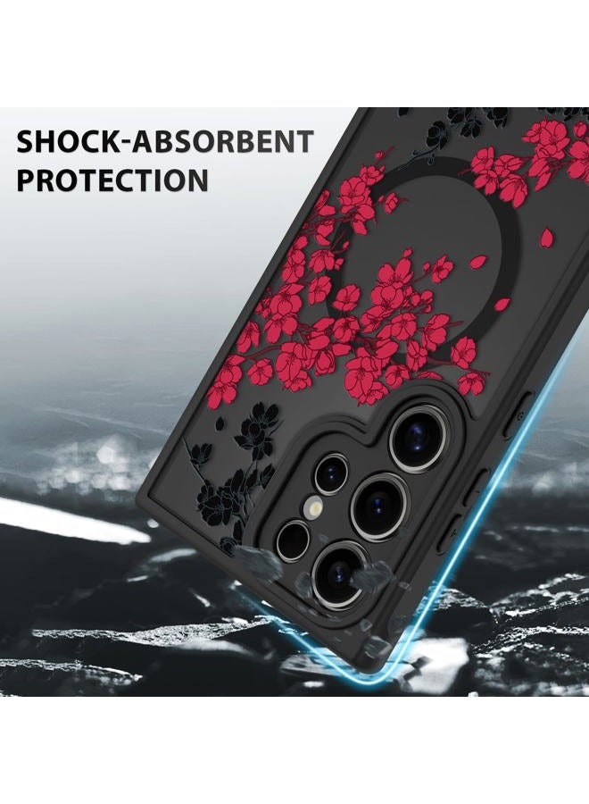 OOK Case Fit for Samsung Galaxy S24 Ultra 6.8 Inch (Wireless Charging Compatible) Red Floral Flowers Design Translucent Phone Cover Soft TPU + Hard PC Anti-Scratch Shockproof Magnetic Case for Women - Image 4
