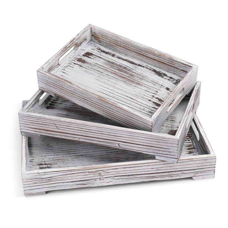 Flexzion Rustic Wooden Serving Tray with Handle 3Piece Set of Wooden Trays for Ottomans Torched Whitewash Nesting Trays for Eating Decoration Coffee Stackable Rectangular Breakfast