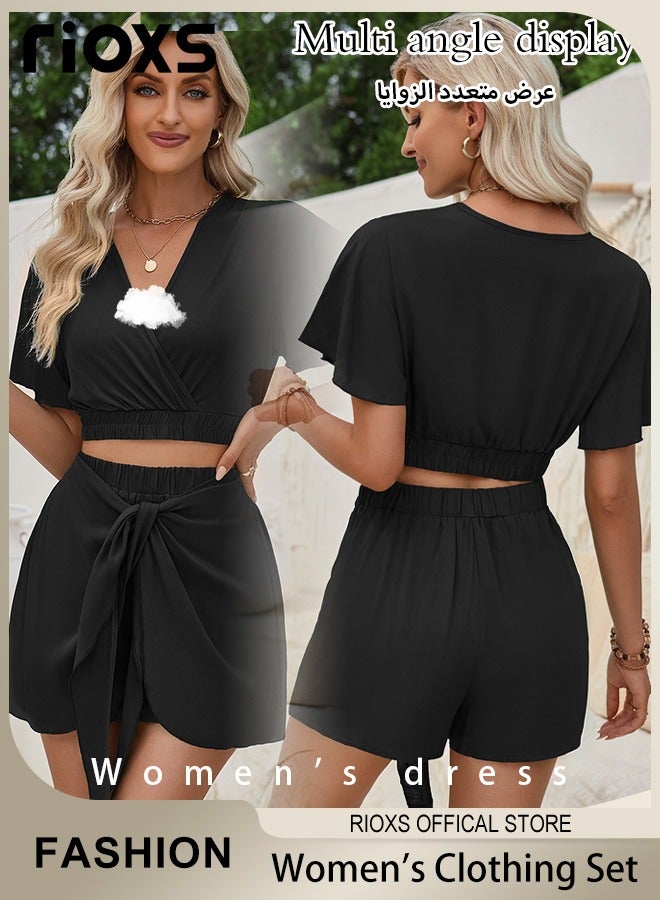RIOXS Women's Beach Short Sets Two Piece Outfits Summer V Neck Ruffle Short Sleeve Crop Top and Shorts Set  - Image 3