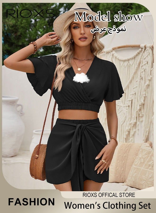 RIOXS Women's Beach Short Sets Two Piece Outfits Summer V Neck Ruffle Short Sleeve Crop Top and Shorts Set  - Image 2