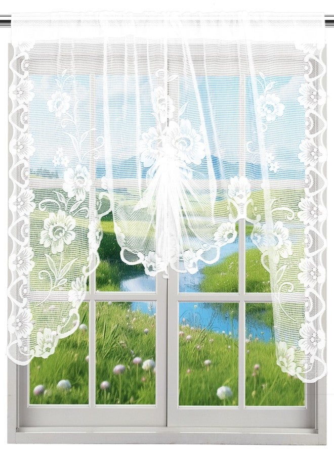 Yolev White Lace Curtains Short Semi-Sheer Lace Valances for Windows Kitchen Floral Half Curtains for Windows Bathroom Bedroom Decoration 59x43.3in 1 Panel - Image 1