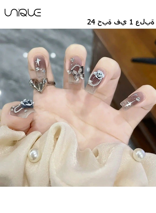 Unique 24Pcs Fake Nails, Press Nails, Mid-length Ballet Manicure - Gradient Black Sparkling Diamond Manicure - Three-dimensional Camellia Butterfly Pearl Manicure - Fake Nail Patch - Image 1