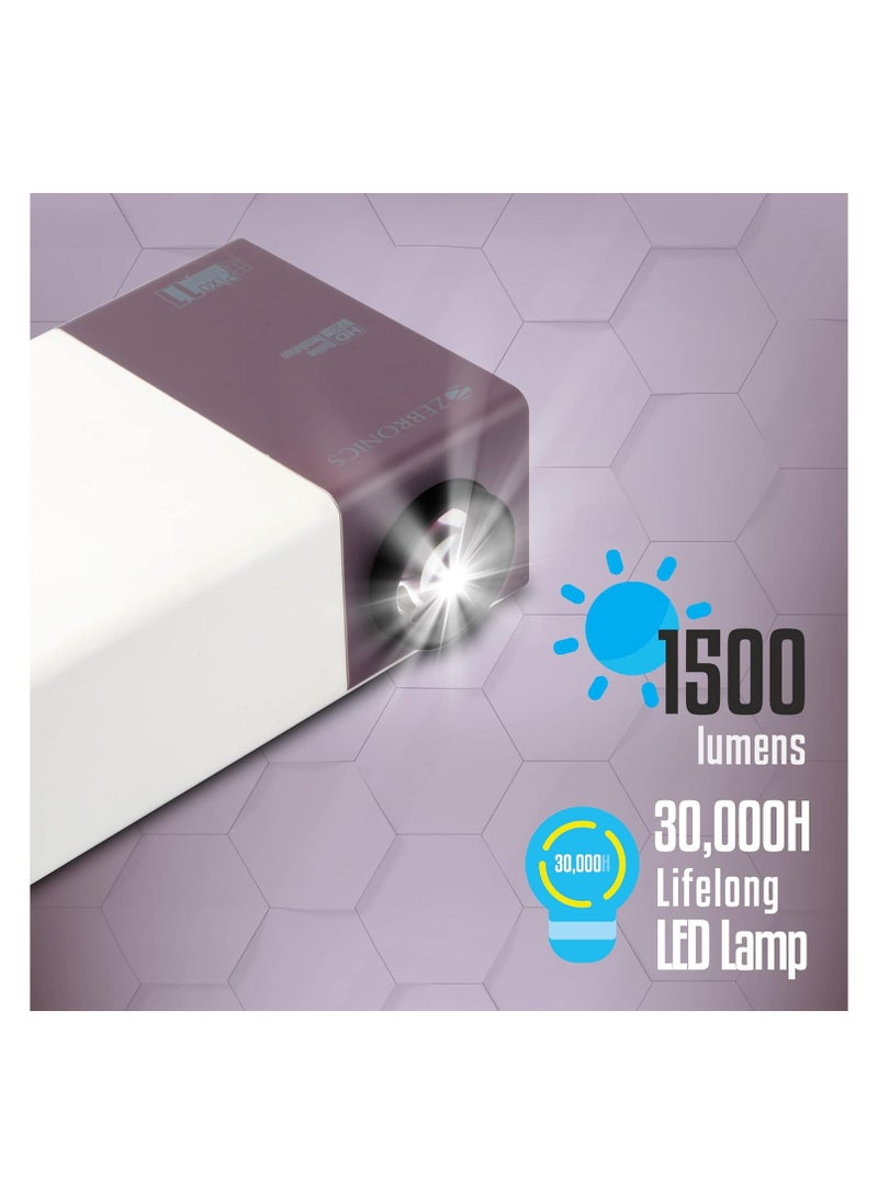 ZEBRONICS - Zeb-PIXAPLAY 11 Portable LED Projector with FHD 1080p Support, HDMI, USB, mSD, 381cm/150" Screen Size, Dual Power Input, Built-in-Speaker, Remote Control, AV in, AUX Out and Compact Design - Image 1