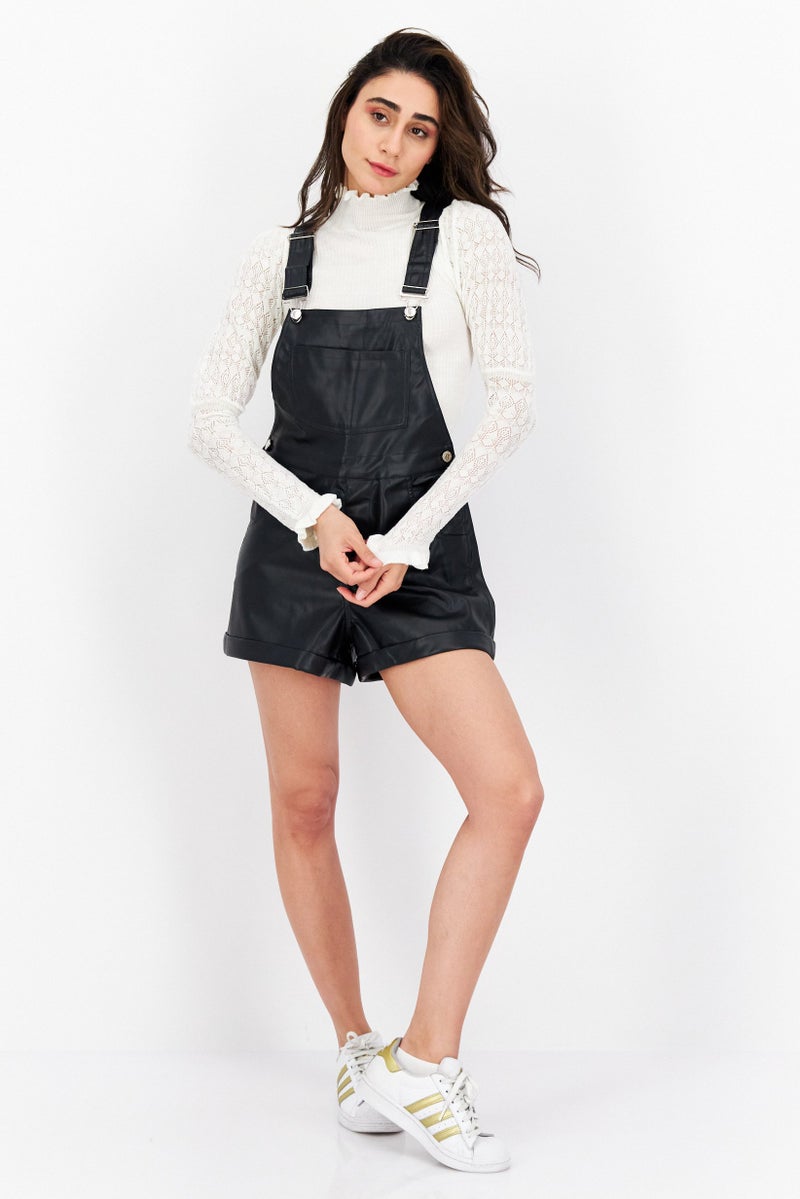 Weworewhat Women Sleeveless Plain Leather Playsuit, Black  - Image 4
