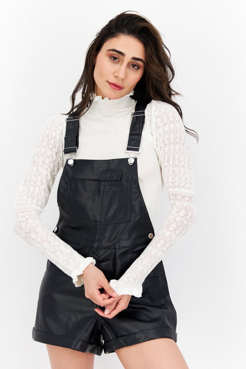 Weworewhat Women Sleeveless Plain Leather Playsuit, Black  - Image 1