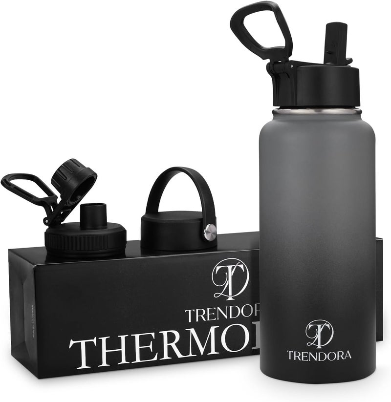 TRENDORA 32 oz Insulated Water Bottle With Straw, Stainless Steel Sports Water Cup Flask with 3 Lids (Vacuum Steel Lid,Straw Lid and Spout Lid) Wide Mouth Travel Thermal Mug Home,School,Gym and Office - Image 1