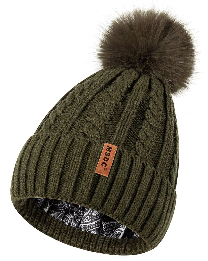 MSDC Satin Lined Beanie for Women with Pom Pom, Warm Womens Winter Hats with Silk Lined, Fashionable Knit Beanie Skull Cap, Army, One size - Image 1