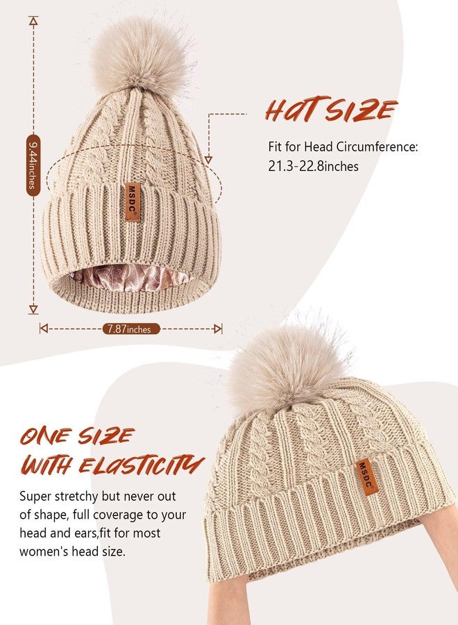MSDC Satin Lined Beanie for Women with Pom Pom, Warm Womens Winter Hats with Silk Lined, Fashionable Knit Beanie Skull Cap, Army, One size - Image 3