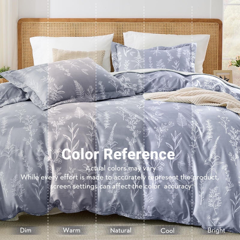 MUXHOMO Duvet Cover Queen Size, Reversible Floral Grey Duvet Cover Set with Zipper Closure, 3 Pieces Botanical Patterns Soft Microfiber Bedding Set with 4 Ties (90"x90", 2 Pillow Cases) - Image 3