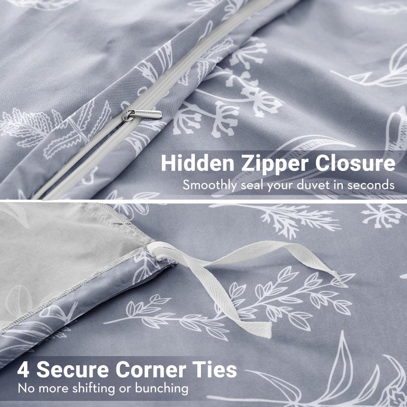 MUXHOMO Duvet Cover Queen Size, Reversible Floral Grey Duvet Cover Set with Zipper Closure, 3 Pieces Botanical Patterns Soft Microfiber Bedding Set with 4 Ties (90"x90", 2 Pillow Cases) - Image 5