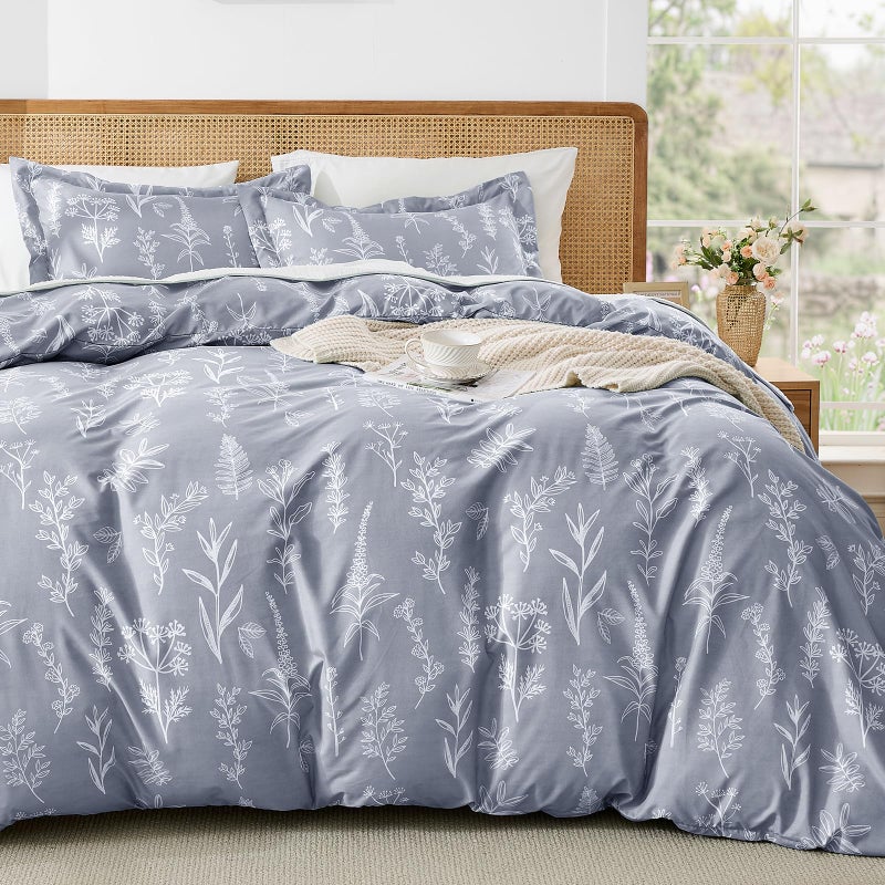 MUXHOMO Duvet Cover Queen Size, Reversible Floral Grey Duvet Cover Set with Zipper Closure, 3 Pieces Botanical Patterns Soft Microfiber Bedding Set with 4 Ties (90"x90", 2 Pillow Cases) - Image 1