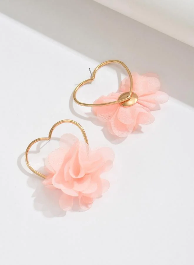 Take Two Gold Heart Hoop Earrings with Peach Flower Detail
