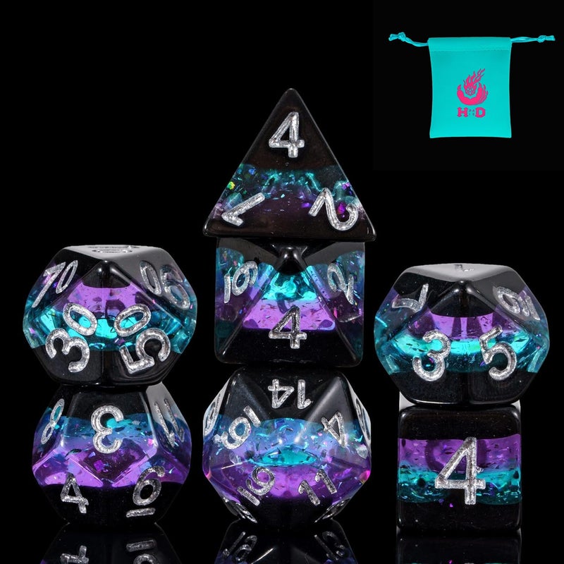 HDdais Glitter DND Dice Set, 7PCS RPG Resin D and D Dice Set with Leather Pouch for Dungeons and Dragons Role Playing Games and Other Tabletop Games - Image 1