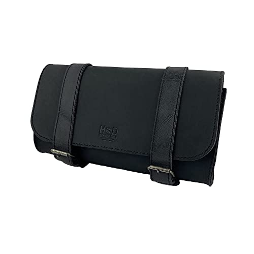 Hide & Drink, Motorcycle Handlebar Bag with 2 Adjustable Straps, Tool Organizer, Motorbike Pouch, Saddle Bag for Bike Commuters, Barrel, Full Grain Leather, Handmade, Charcoal Black - Image 1