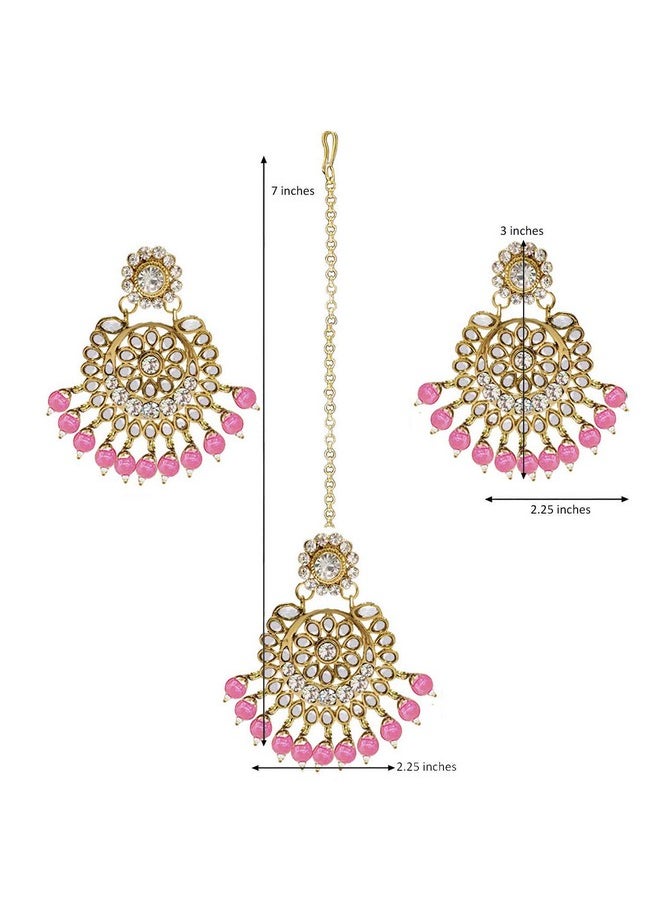 Aheli - Exquisite Design Faux Kundan Beaded Earrings Maang Tikka Set Ethnic Indian Jewelry For Women (Pink) - Image 1