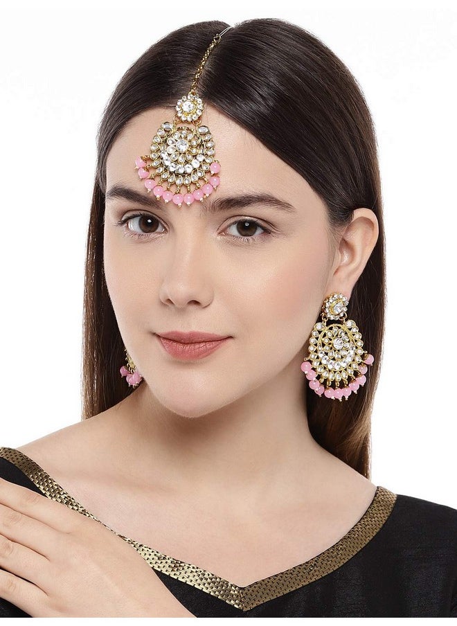 Aheli - Exquisite Design Faux Kundan Beaded Earrings Maang Tikka Set Ethnic Indian Jewelry For Women (Pink) - Image 1