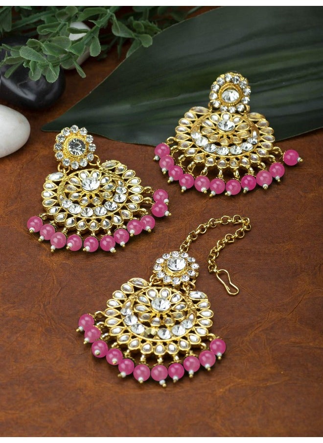 Aheli - Exquisite Design Faux Kundan Beaded Earrings Maang Tikka Set Ethnic Indian Jewelry For Women (Pink) - Image 1