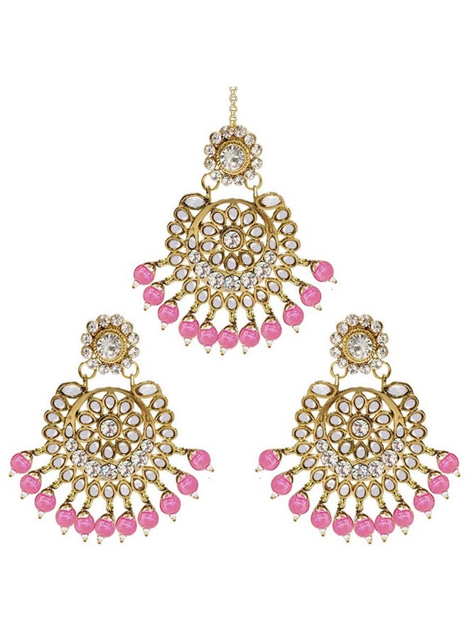 Aheli - Exquisite Design Faux Kundan Beaded Earrings Maang Tikka Set Ethnic Indian Jewelry For Women (Pink) - Image 1