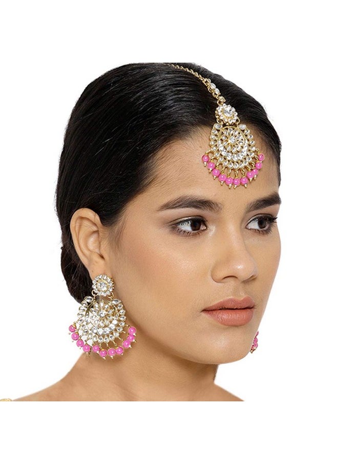Aheli - Exquisite Design Faux Kundan Beaded Earrings Maang Tikka Set Ethnic Indian Jewelry For Women (Pink) - Image 1