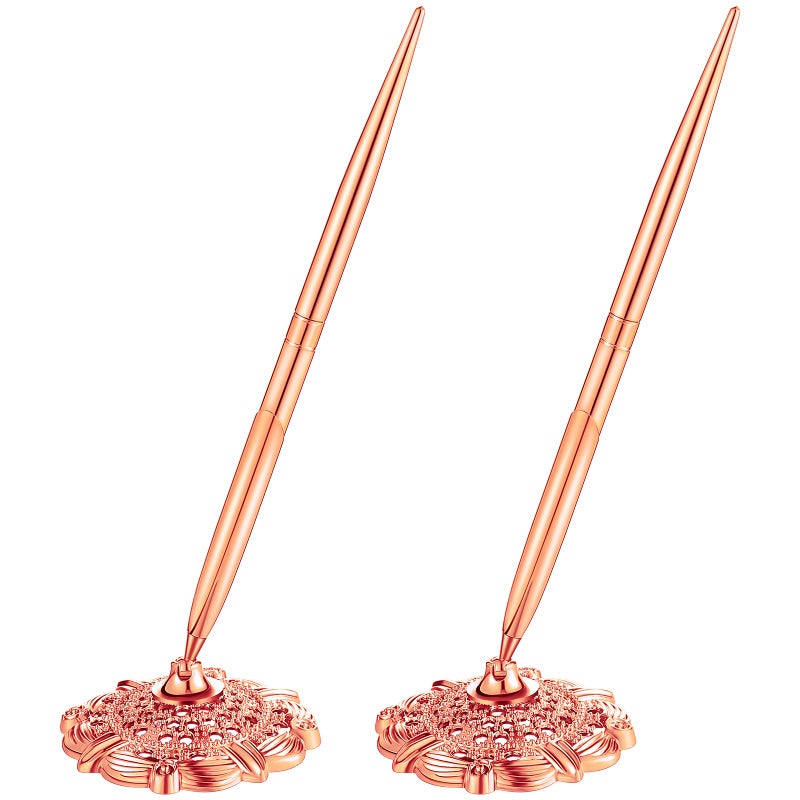 Outus 2 Pieces Wedding Pens for Guest Book Pen with Metal Hollow Round Holder Stand Set for Wedding Bridal Engagement Reception SuppliesRose Gold - Image 2