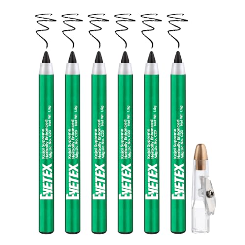 Eyetex Kajal Supreme Herbally Enhanced, 1.5g, Pack of 6, Whole Sale Pack, Deep Black Matte Finish, Smudge-Proof, Water-Resistant, Vegan, Extracts of Aloe & Carnauba, 6-hr stay, Built-In Sharpener. - Image 1
