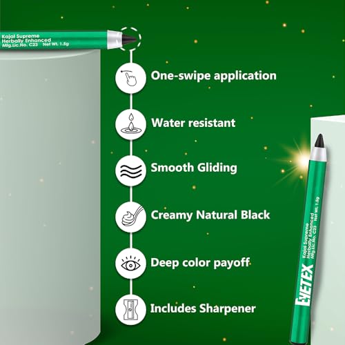 Eyetex Kajal Supreme Herbally Enhanced, 1.5g, Pack of 6, Whole Sale Pack, Deep Black Matte Finish, Smudge-Proof, Water-Resistant, Vegan, Extracts of Aloe & Carnauba, 6-hr stay, Built-In Sharpener. - Image 5