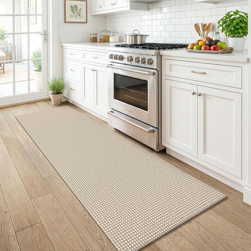 KOZYFLY Runners for Hallways 2x6 ft Washable Kitchen Runner Non Slip Rubber Backed Hall Runners Cotton Entryway Runner Rugs Floor Carpet for Indoor Backdoor Bedroom Kitchen, Ivory/Khaki - Image 2