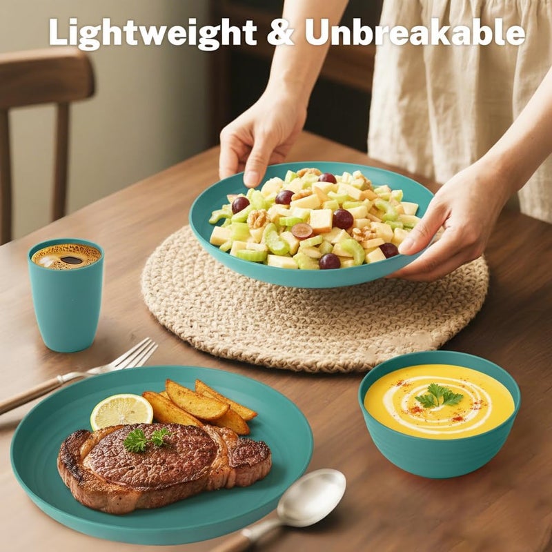 مجموعة أدوات المائدة المصنوعة من قش القمح، 32 قطعة، خدمة لـ 8 أشخاص، مجموعة أطباق مطبخ غير قابلة للكسر، مجموعة أطباق وأوعية بلاستيكية مع أكواب، آمنة للاستخدام في الميكروويف وغسالة الأطباق، للحفلات - اللون الأخضر - Image 5