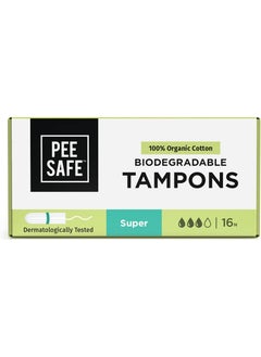 PEE SAFE Pee Safe Biodegradable 100% Organic Cotton Tampons Super (Pack of 16) | for Medium to Heavy Flow | Organic Tampons | Cotton Tampons | Non Applicator Tampons | Free of Chlorine Bleach & Dyes 