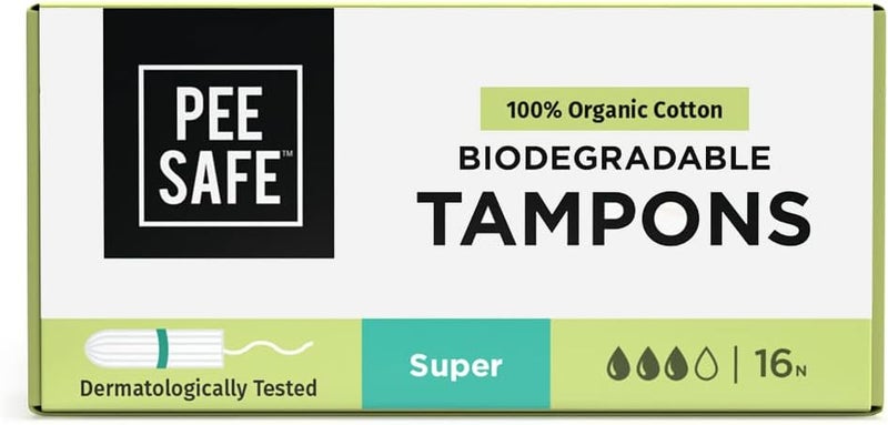 PEE SAFE Pee Safe Biodegradable 100% Organic Cotton Tampons Super (Pack of 16) | for Medium to Heavy Flow | Organic Tampons | Cotton Tampons | Non Applicator Tampons | Free of Chlorine Bleach & Dyes 
