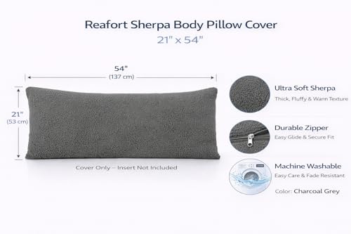 Reafort Sherpa Body Pillow Cover 21" x 54", Plush Fleece Long Body Pillowcase with Zipper Closure, Ultra Soft Fluffy Cozy Decorative Pillow Cover (21"x54" Body Pillow Cover,Charcoal Grey) - Image 2