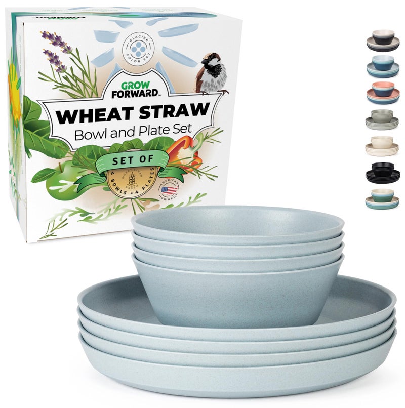 Grow Forward Premium Wheat Straw Plates and Bowls Sets - 8-Piece Wheat Straw Dinnerware Sets - Unbreakable & Reusable Microwave Safe Plastic Dinner Plates for Outdoors, RV, Camping Dishes - Glacier - Image 1