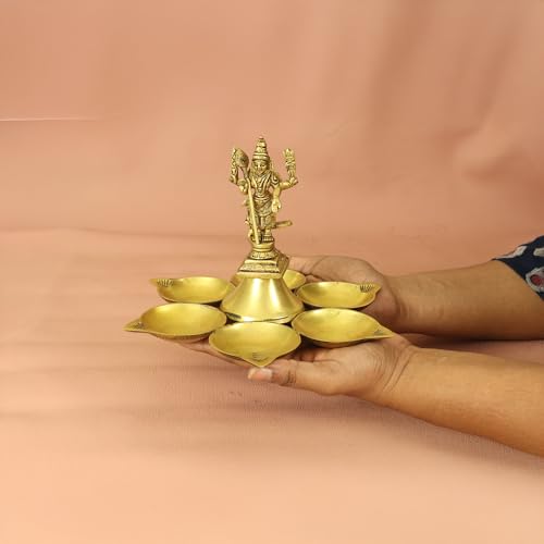 Putrika Brass Murugan Idol with 7 Wick Diya| Traditional Pooja | Puja Deepam Oil lamp| Lord Murugan Vel Diya for Mandir |Home|Temple & Gift Use [W: 583g] - Brass Antique 6 Diya with Murugar - Image 5
