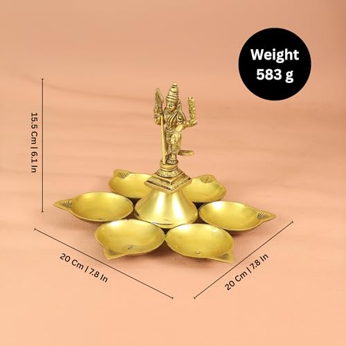 Putrika Brass Murugan Idol with 7 Wick Diya| Traditional Pooja | Puja Deepam Oil lamp| Lord Murugan Vel Diya for Mandir |Home|Temple & Gift Use [W: 583g] - Brass Antique 6 Diya with Murugar - Image 3