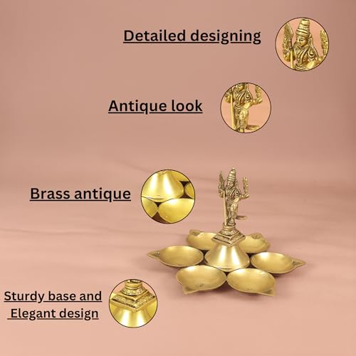 Putrika Brass Murugan Idol with 7 Wick Diya| Traditional Pooja | Puja Deepam Oil lamp| Lord Murugan Vel Diya for Mandir |Home|Temple & Gift Use [W: 583g] - Brass Antique 6 Diya with Murugar - Image 4