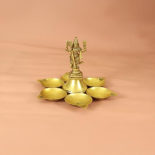 Putrika Brass Murugan Idol with 7 Wick Diya| Traditional Pooja | Puja Deepam Oil lamp| Lord Murugan Vel Diya for Mandir |Home|Temple & Gift Use [W: 583g] - Brass Antique 6 Diya with Murugar - Image 2