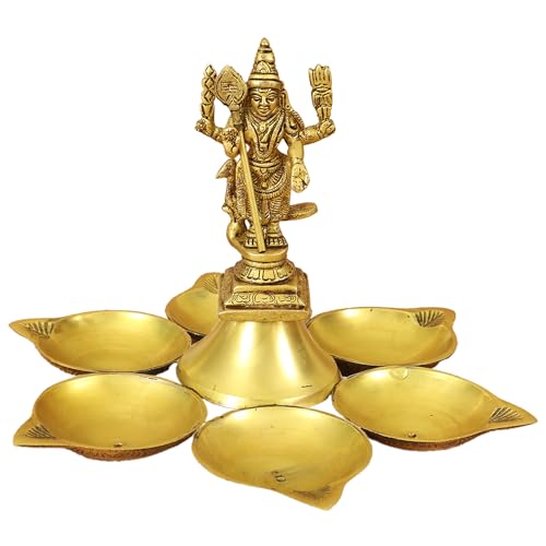 Putrika Brass Murugan Idol with 7 Wick Diya| Traditional Pooja | Puja Deepam Oil lamp| Lord Murugan Vel Diya for Mandir |Home|Temple & Gift Use [W: 583g] - Brass Antique 6 Diya with Murugar - Image 1