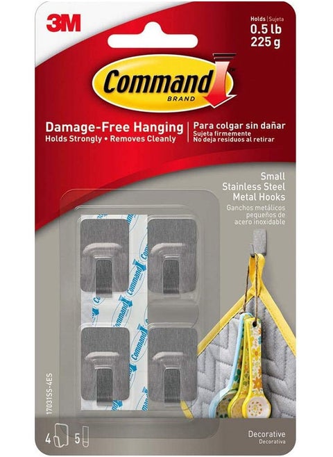Command 17031SS-4ES Stainless steel metal hooks, small, grey color.4 hooks and 5 strips/pack