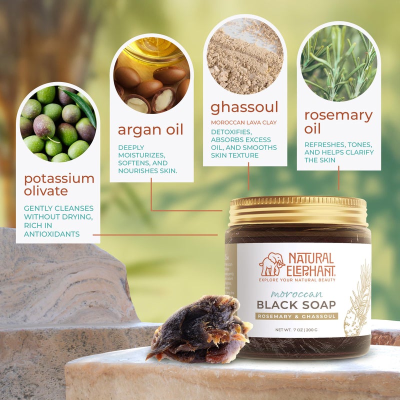 Natural Elephant Moroccan Black Soap 7oz Traditional Hammam Beldi Soap 100% Natural for exfoliating and cleansing (Rosemary Essential Oil and Ghassoul Clay 200g (7oz)) - Image 3